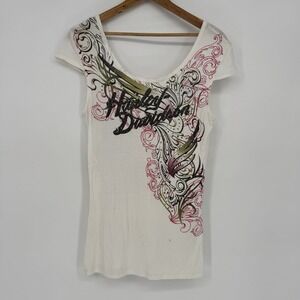 Harley-Davidson Women's Med Graphic Tee Tie Back Biker Rhinestone Y2K Bling